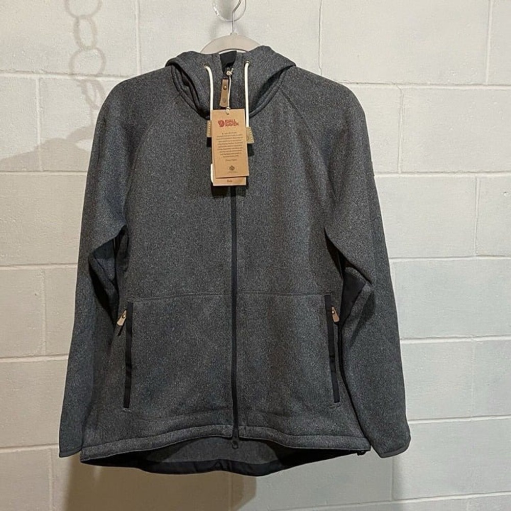 $170‎ Fjallraven Women's Ovik Fleece Hooded Jacket LARGE Dark Grey Full Zip